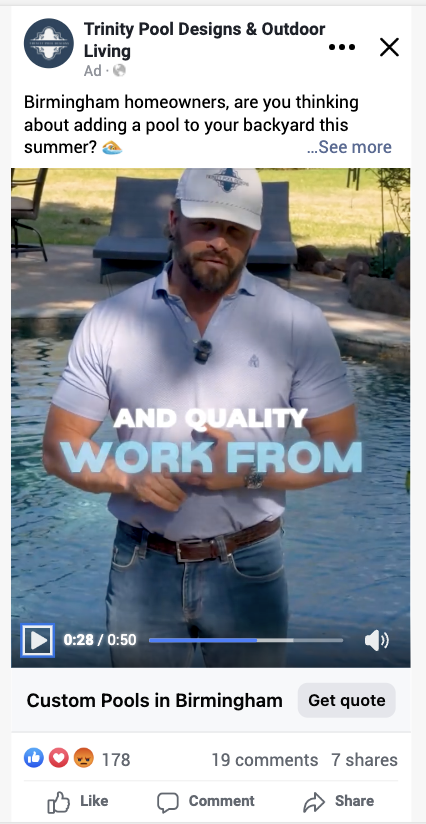 Trinity Pool Designs video ad running on Facebook