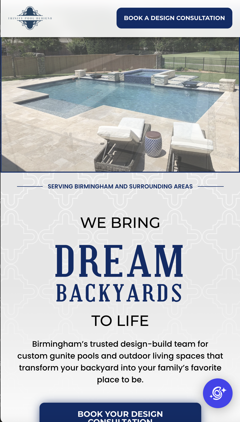 Trinity Pool Designs landing page with booking call to action